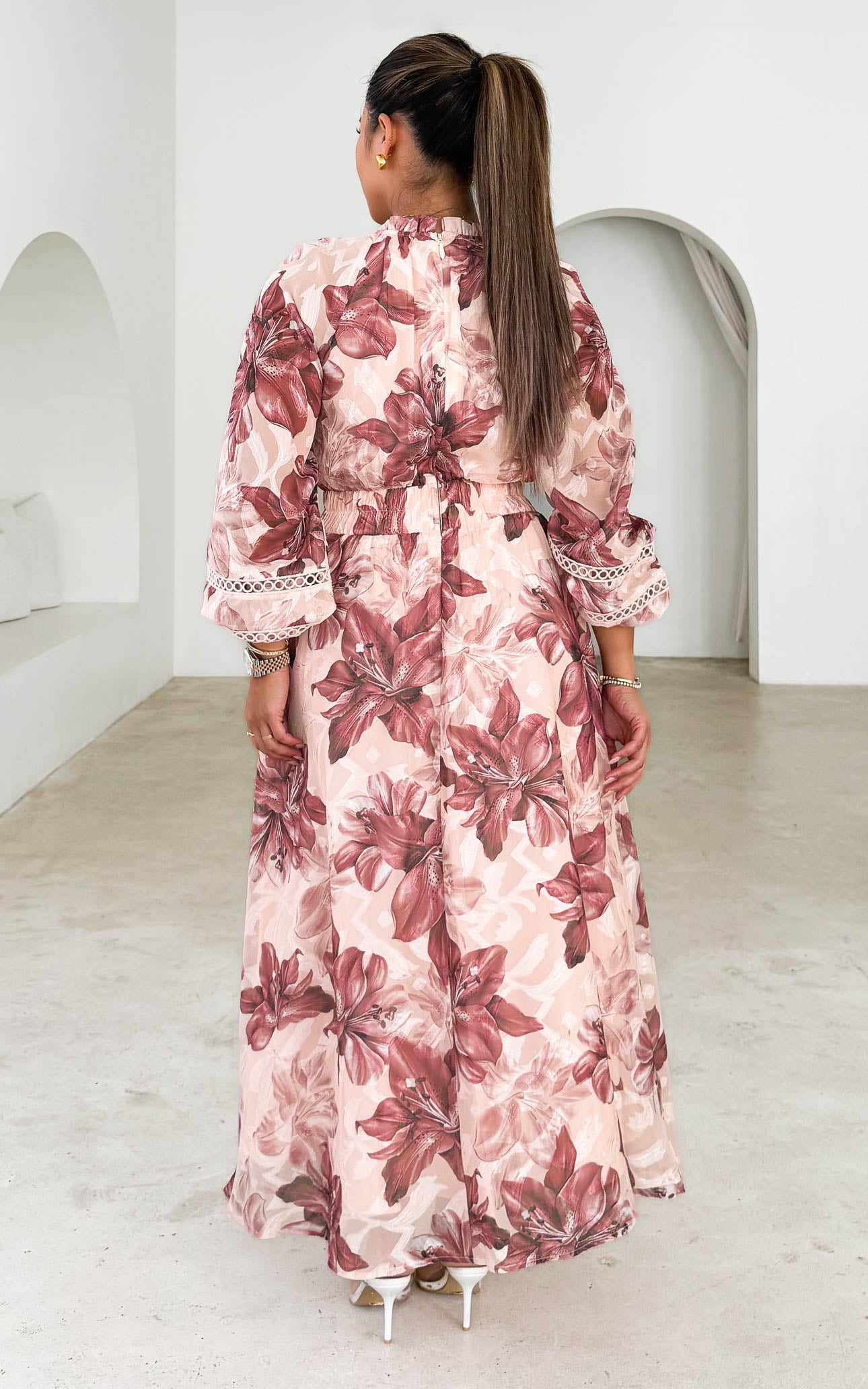 Harriet Maxi Dress - Pink Beige Floral Texture