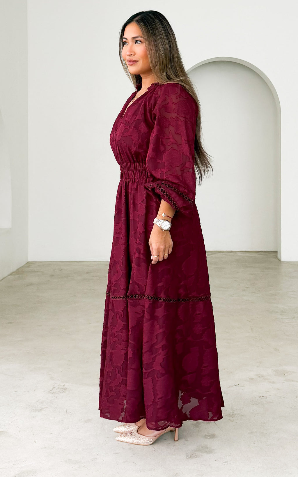 Harriet Maxi Dress - Wine Floral Texture