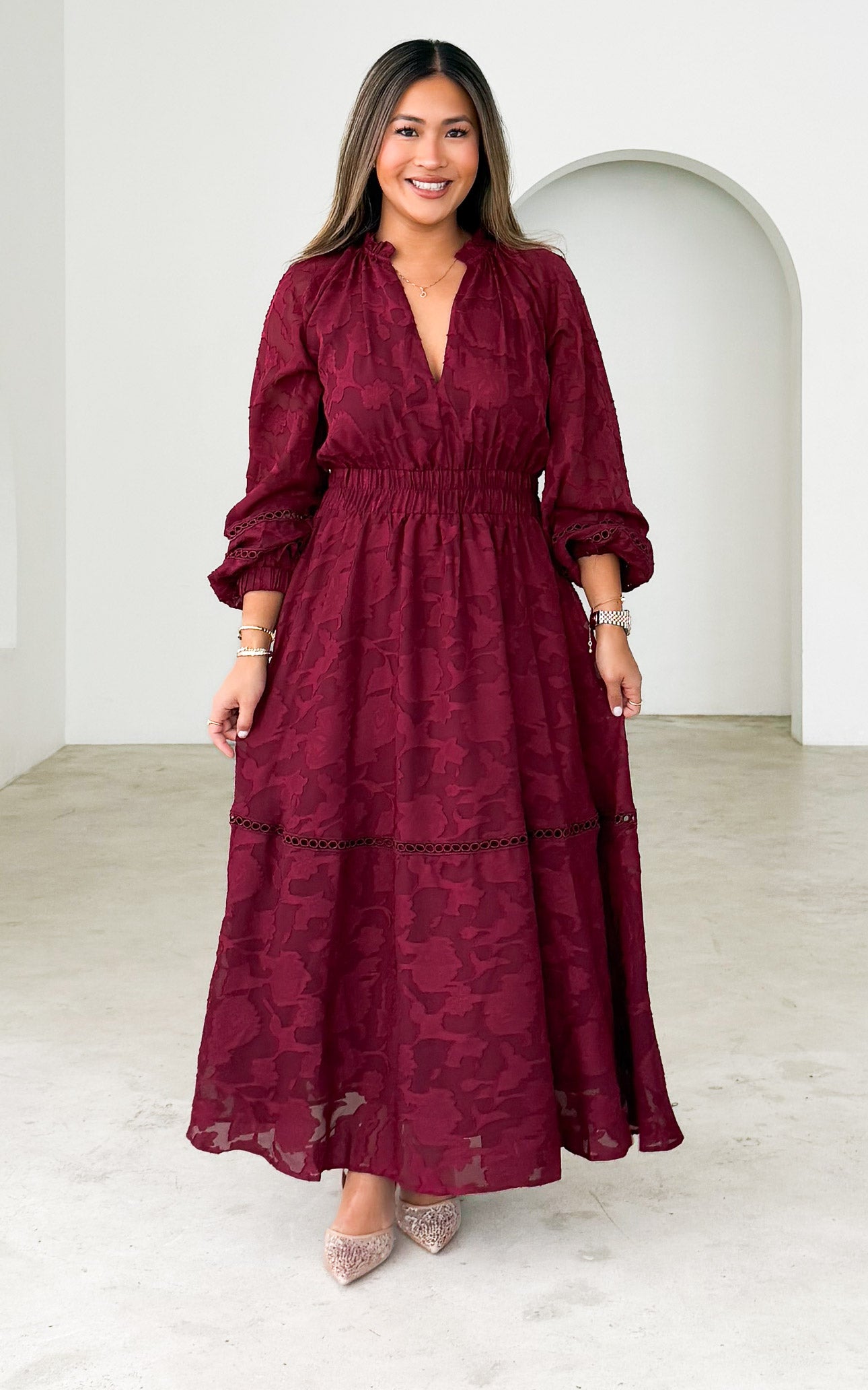 Harriet Maxi Dress - Wine Floral Texture