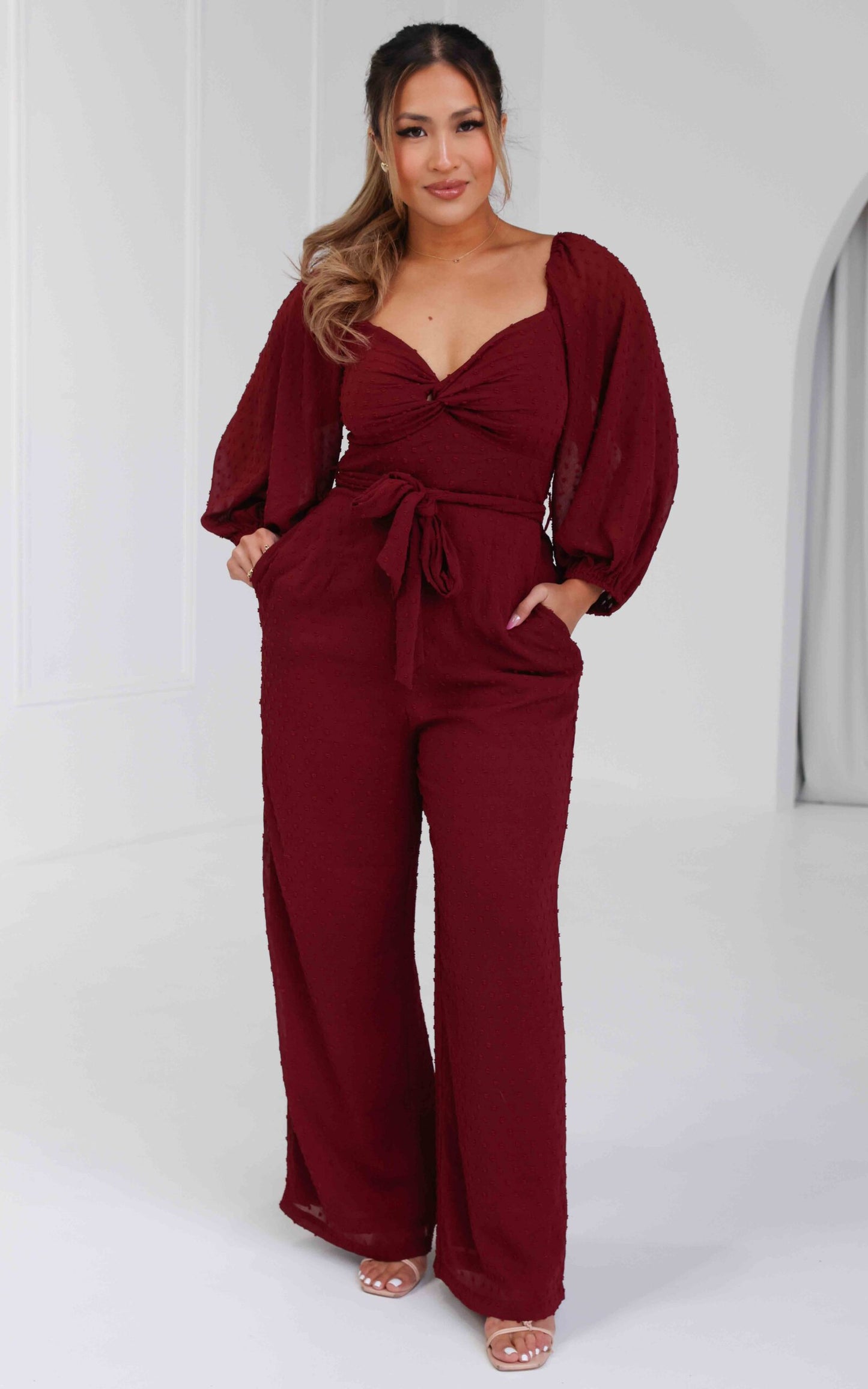 Harry Wide Leg Jumpsuit - Wine Texture