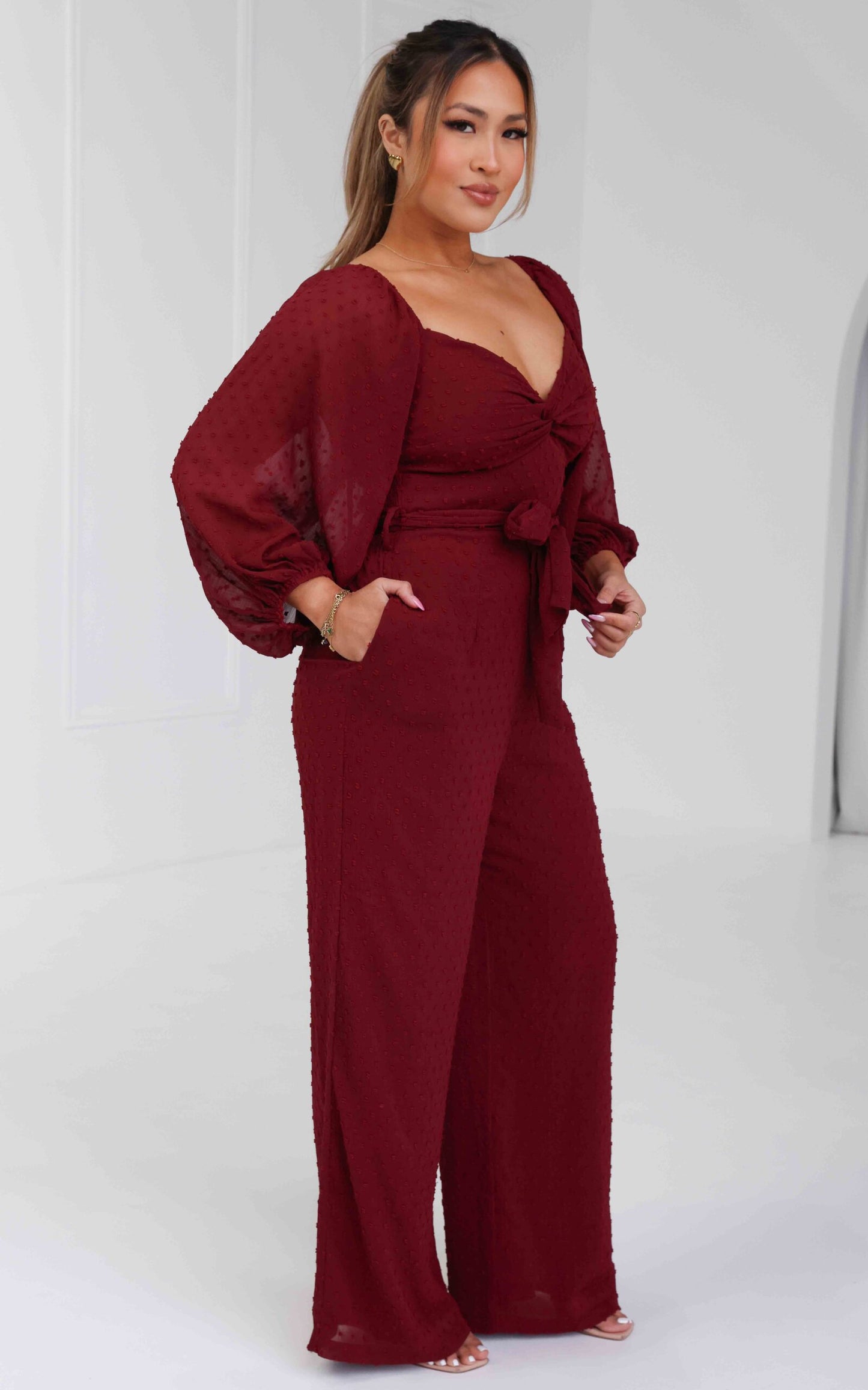 Harry Wide Leg Jumpsuit - Wine Texture