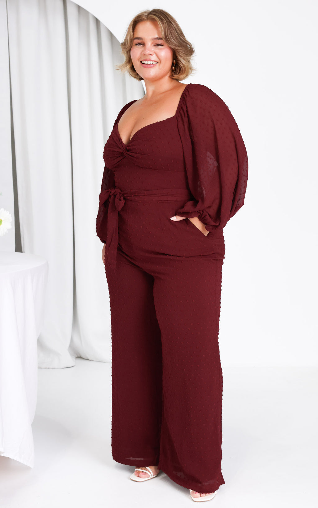 Harry Wide Leg Jumpsuit - Wine Texture