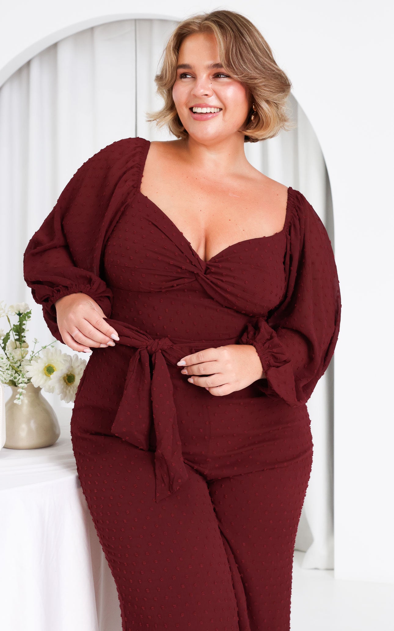 Harry Wide Leg Jumpsuit - Wine Texture