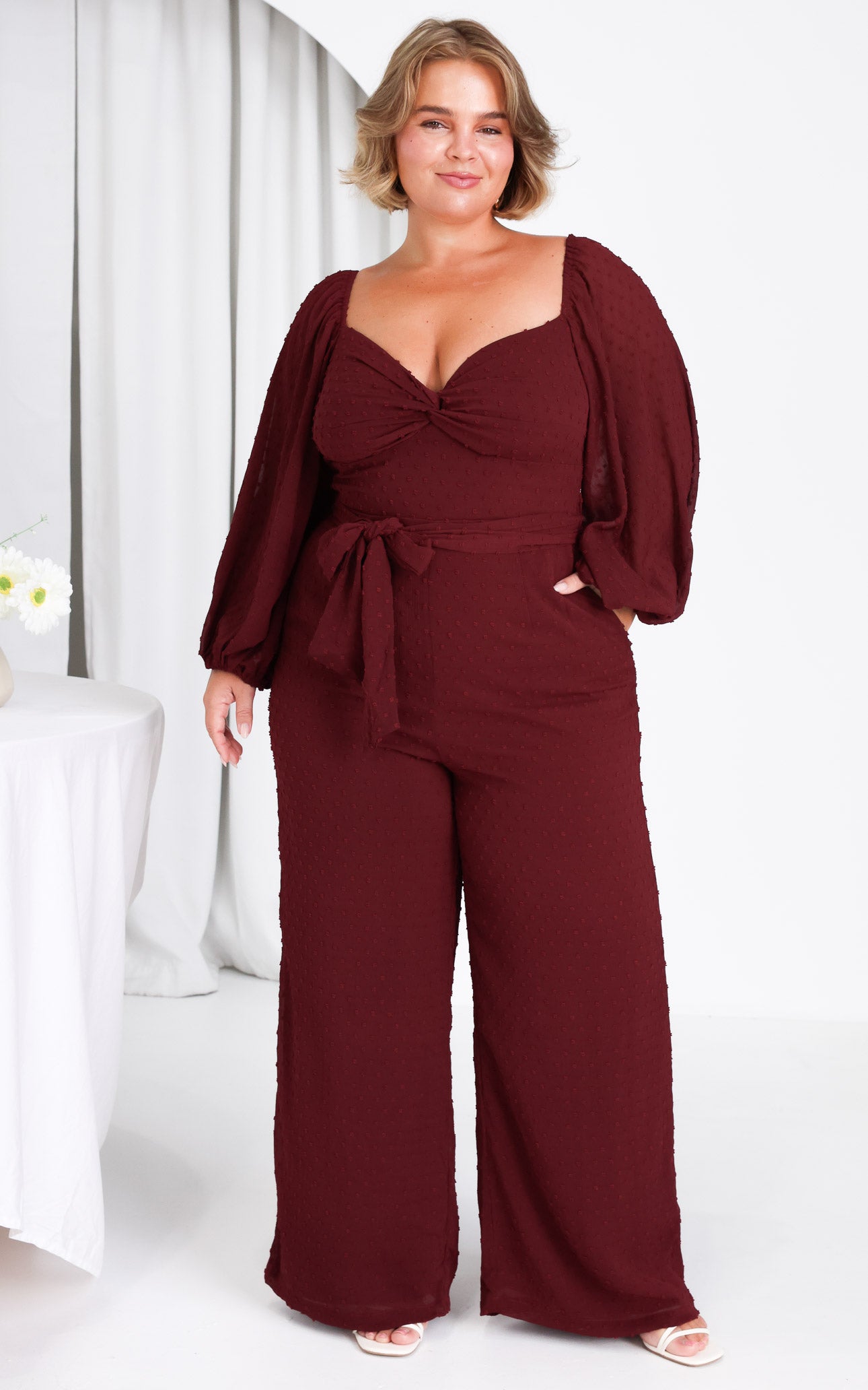 Harry Wide Leg Jumpsuit - Wine Texture