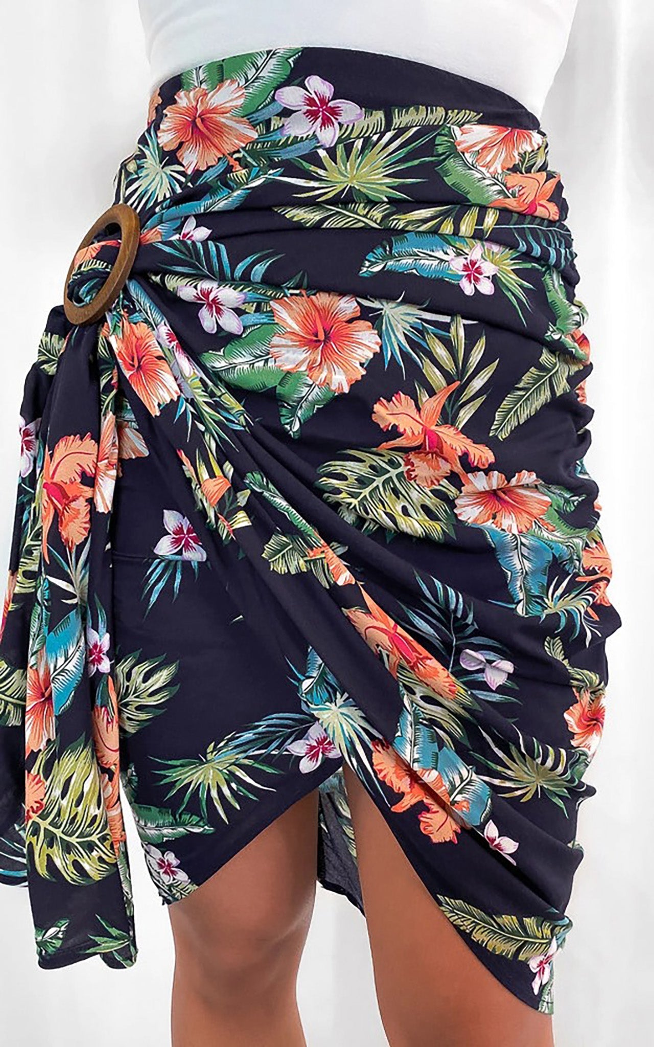 Havana Wrap Midi Skirt - Navy Tropical