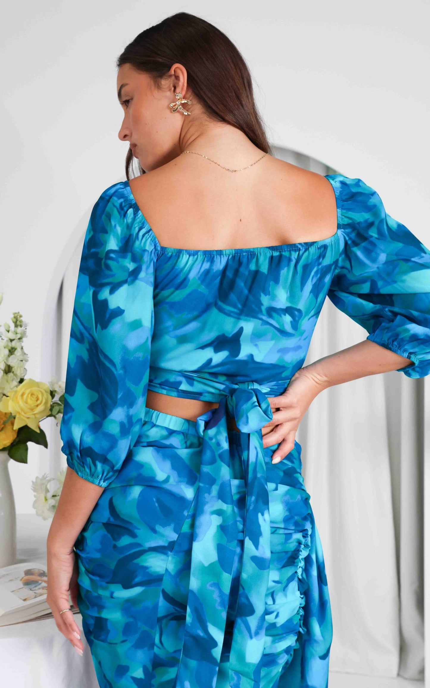 Havana Wrap Crop Top - Blue Green Print