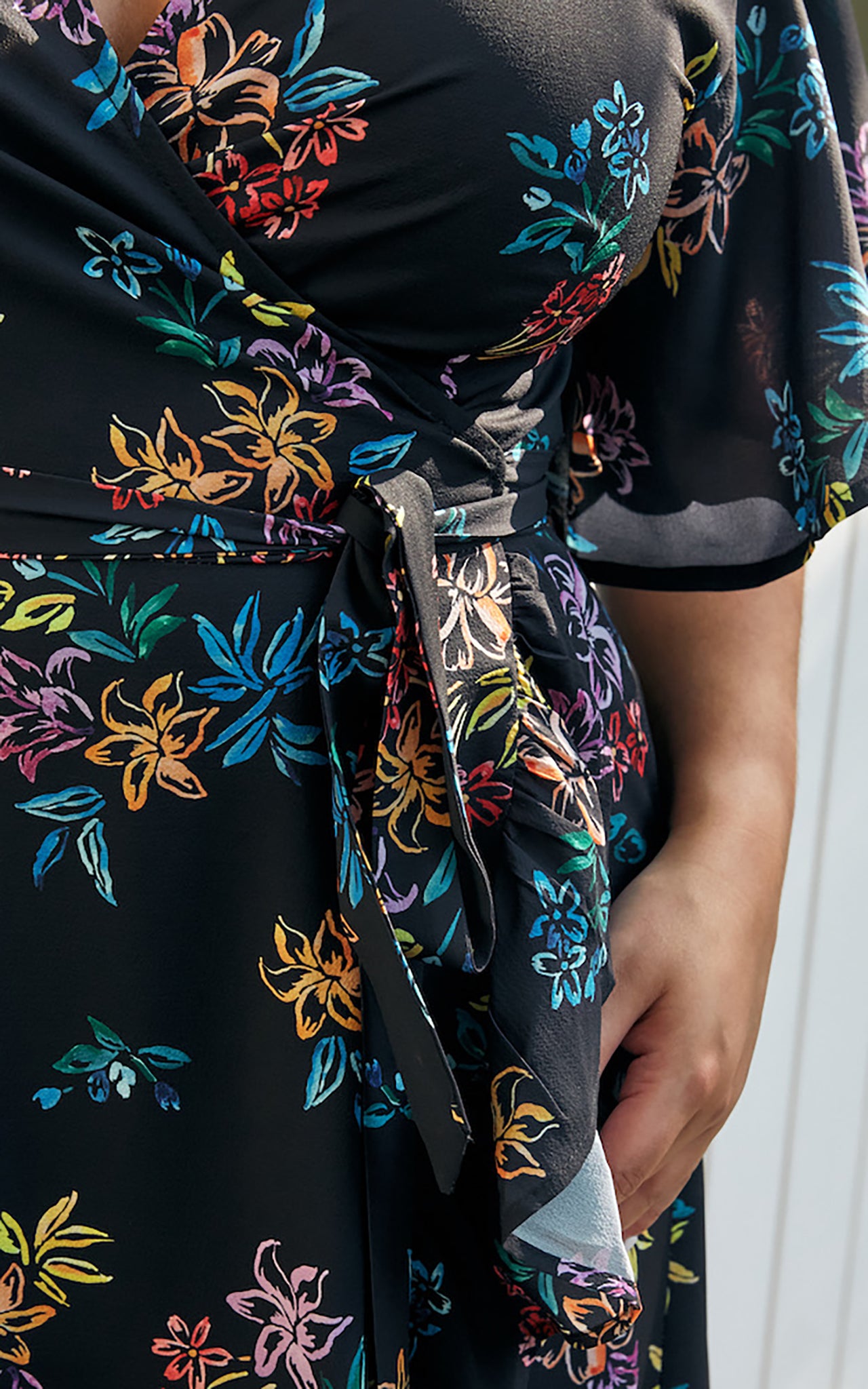 HAVEN WRAP DRESS - BLACK RAINBOW FLORAL By Amica HAVEN WRAP DRESS - BLACK RAINBOW FLORAL By Amica