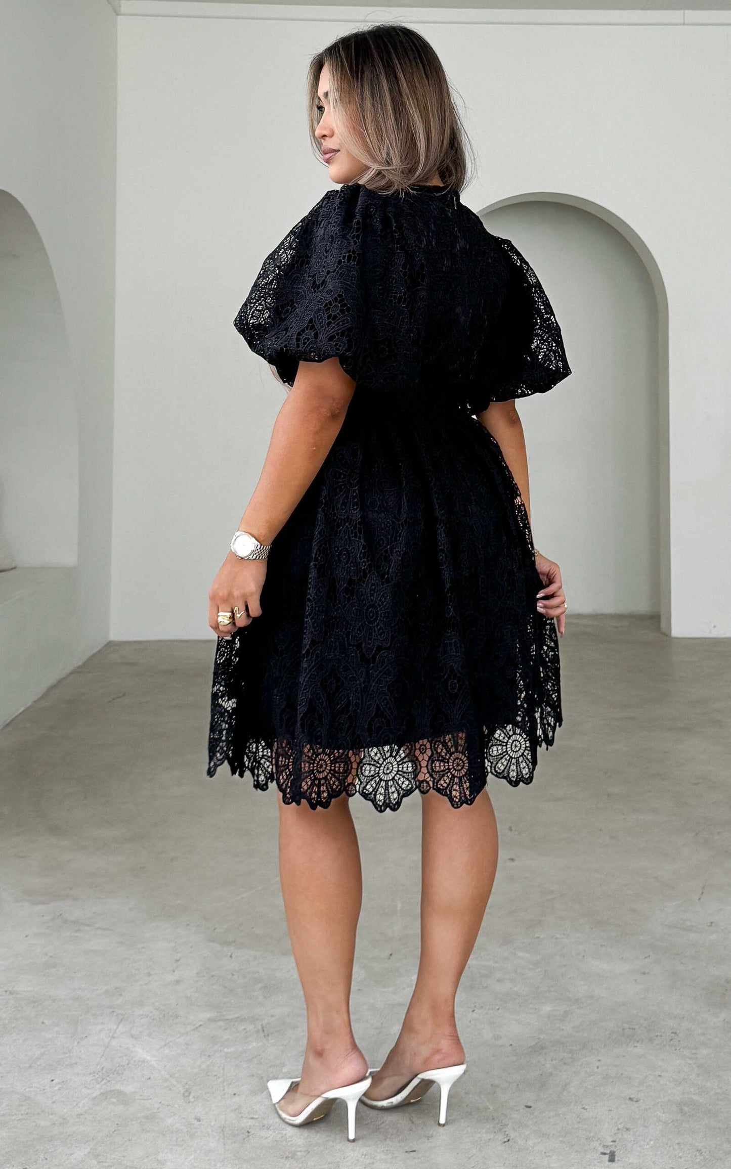 Hazelle Floral Lace Dress - Black