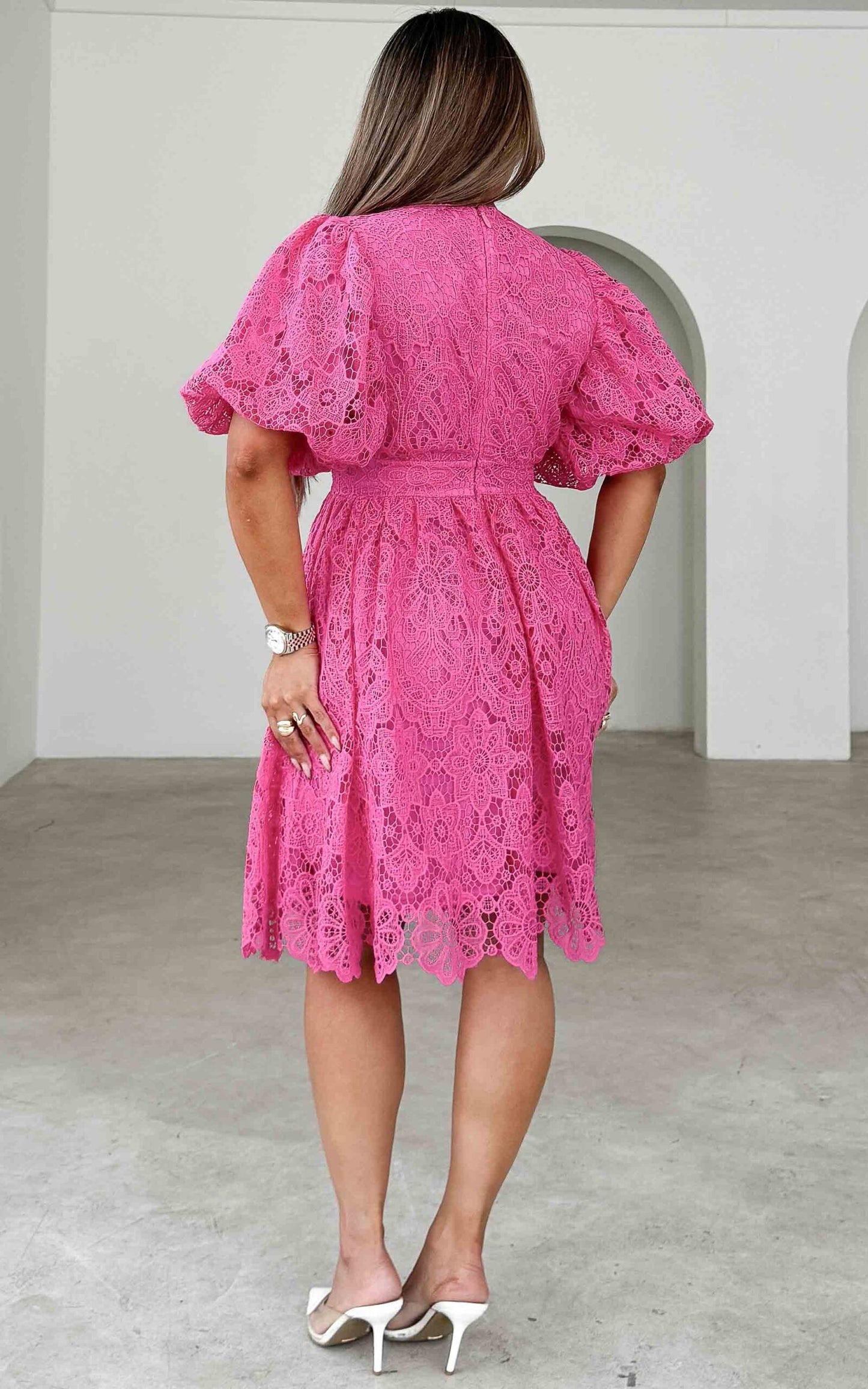 Hazelle Floral Lace Dress - Hot Pink