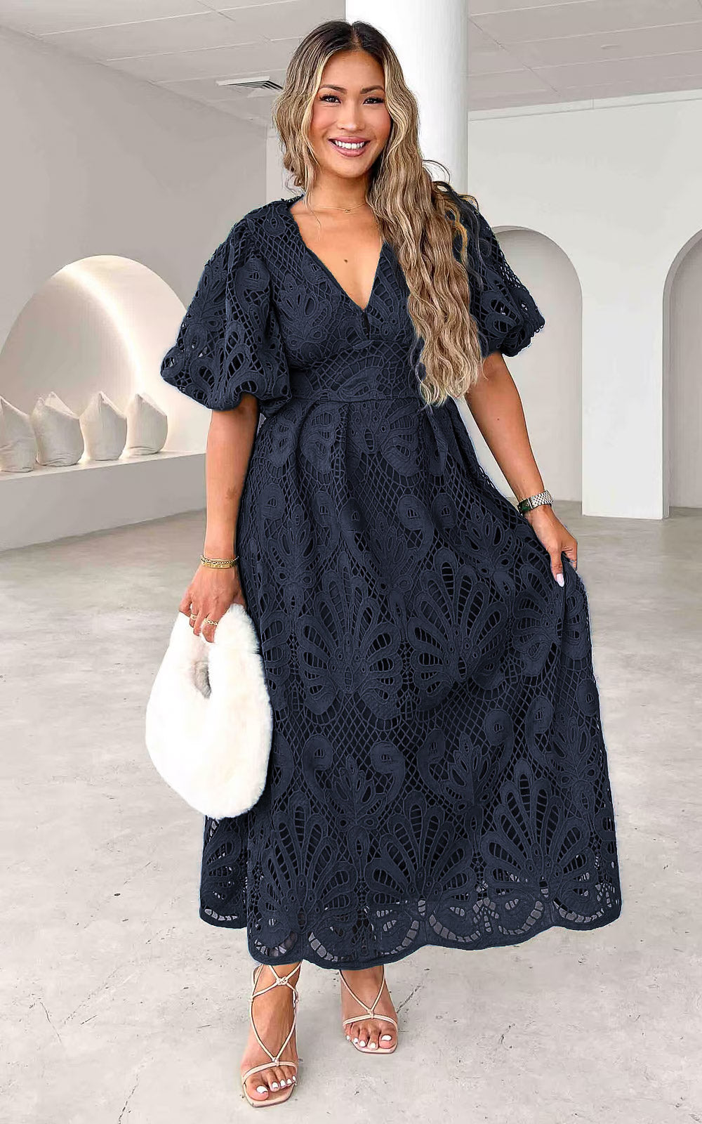 HAZELLE V NECK PUFF SLEEVE LACE MAXI DRESS - NAVY – By Amica
