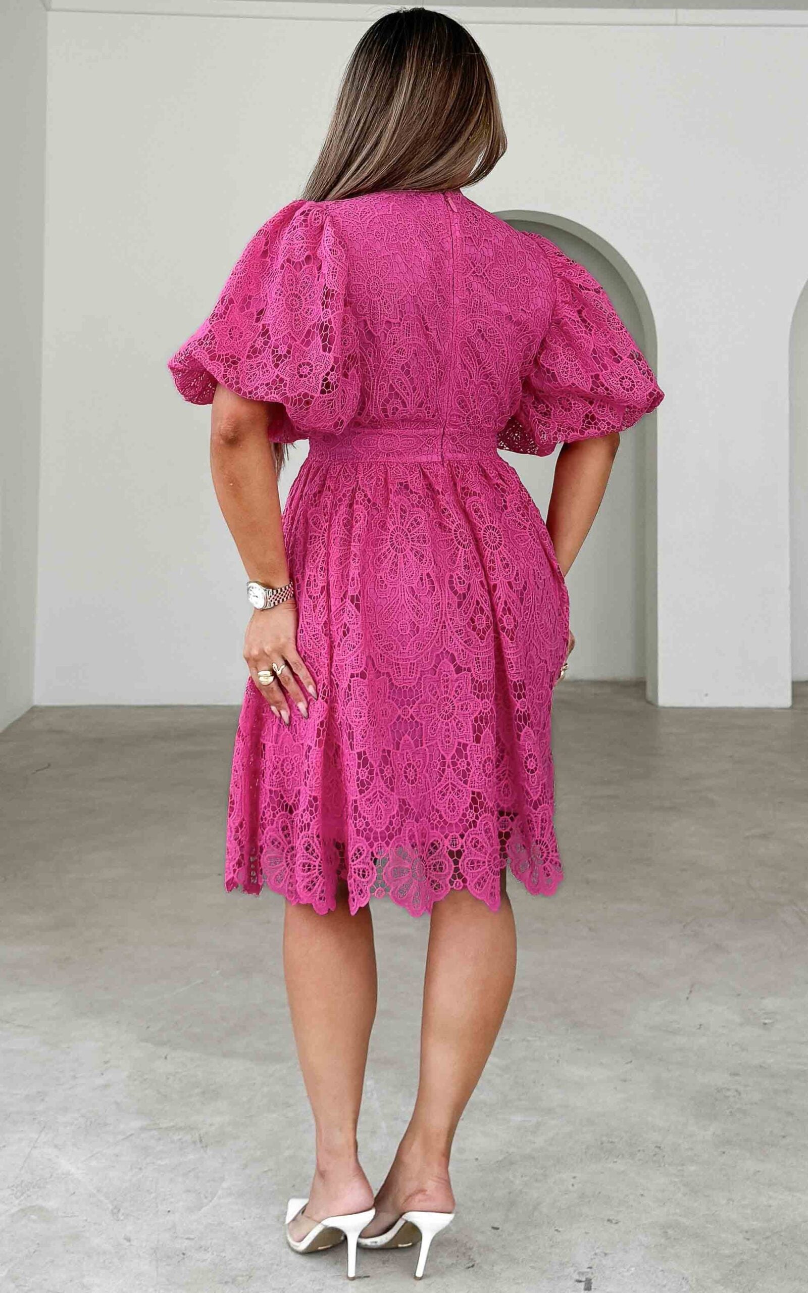 HAZELLE V NECK PUFF SLEEVE FLORAL LACE DRESS