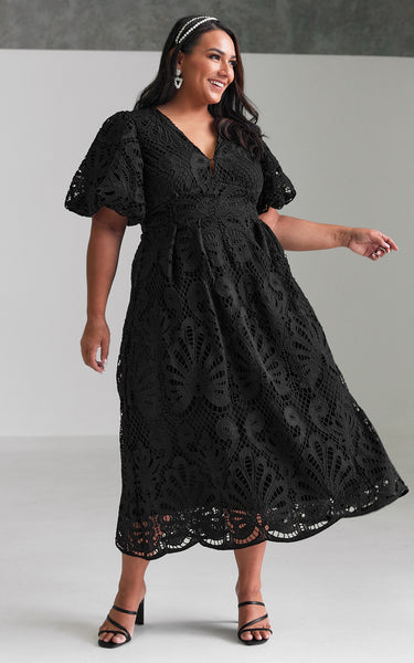 HAZELLE V NECK PUFF SLEEVE LACE MAXI DRESS - BLACK – By Amica