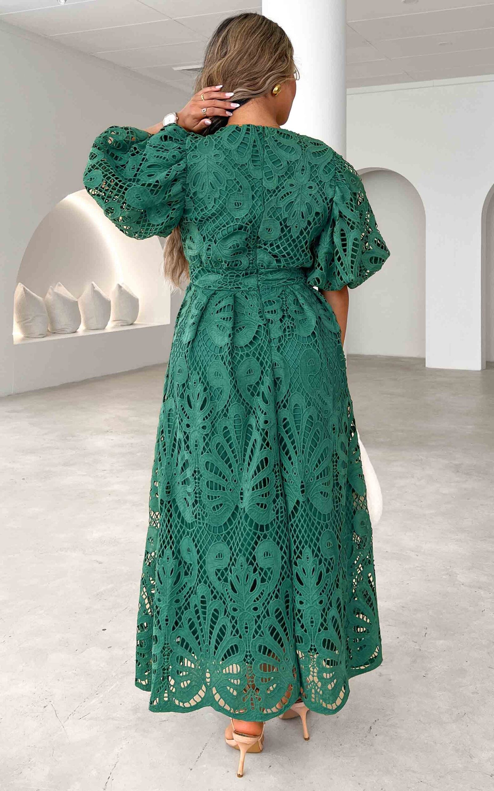 HAZELLE V NECK PUFF SLEEVE LACE MAXI DRESS - EMERALD GREEN By Amica HAZELLE V NECK PUFF SLEEVE LACE MAXI DRESS - EMERALD GREEN By Amica