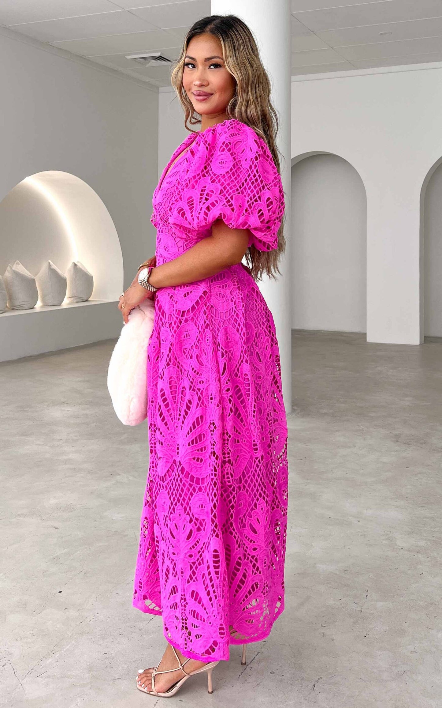 Hazelle Lace Maxi Dress - Hot Pink