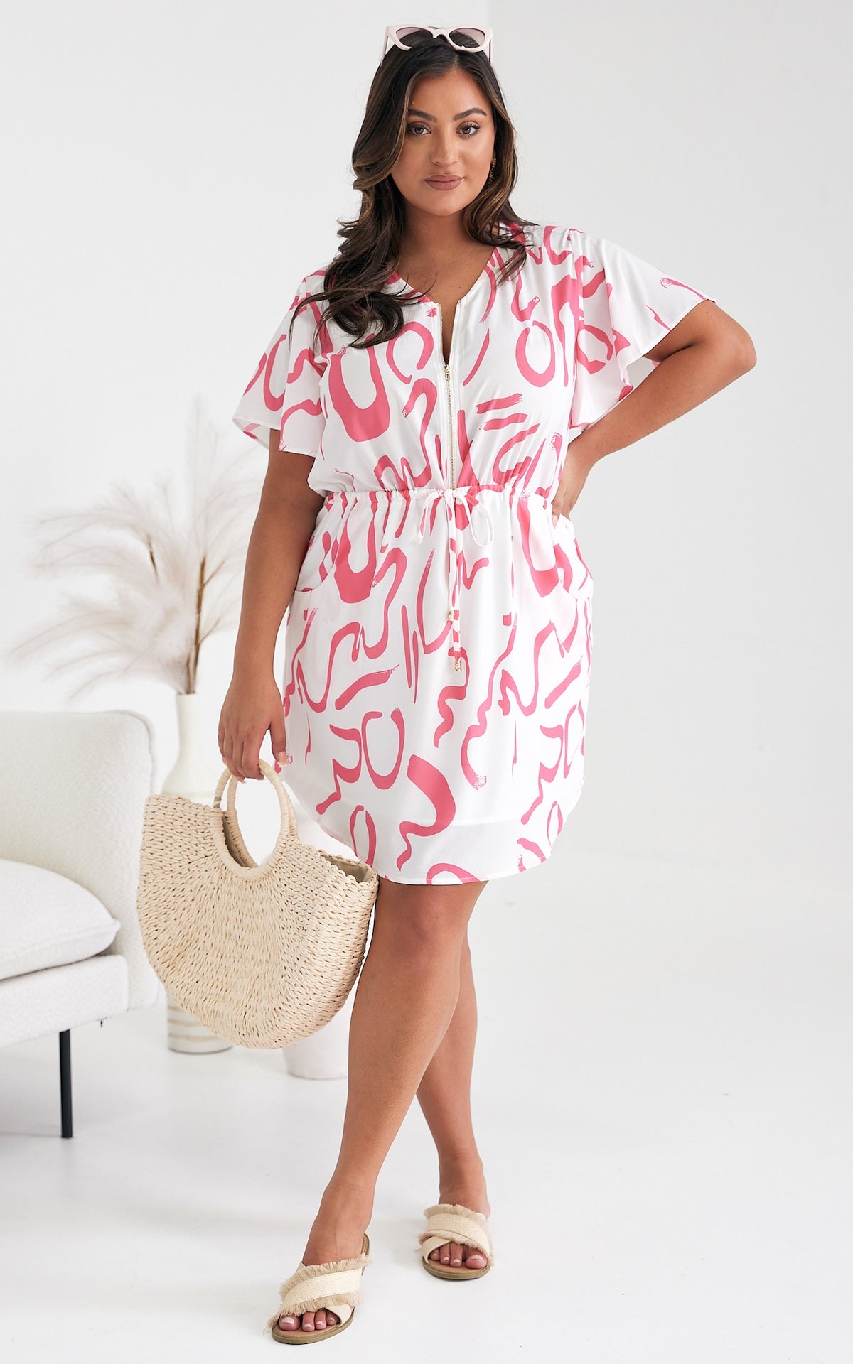 Heather Dress - White Pink Print