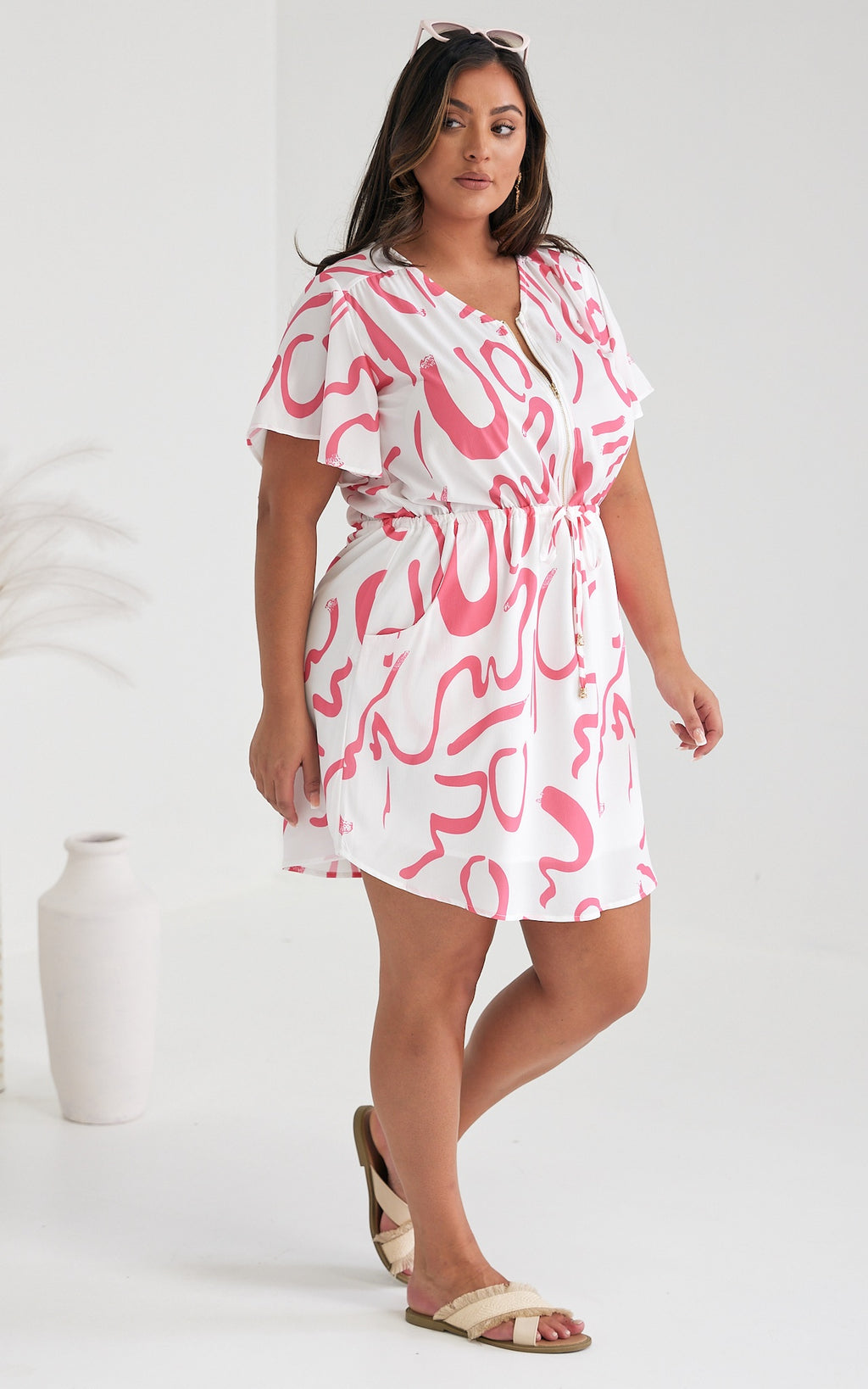 Heather Dress - White Pink Print