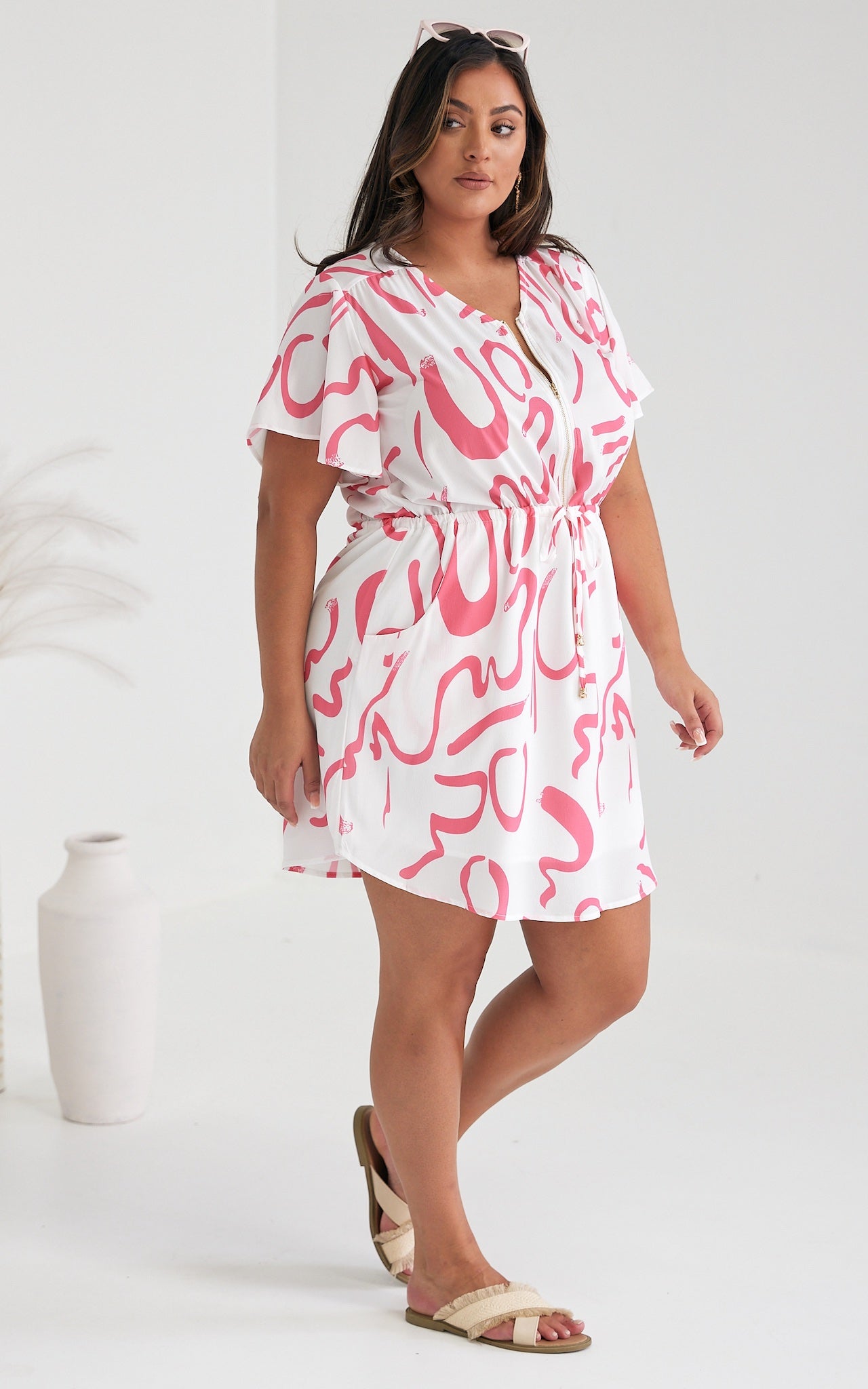 Heather Dress - White Pink Print