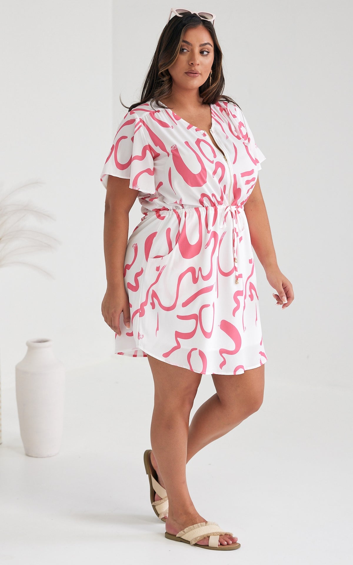 Heather Dress - White Pink Print