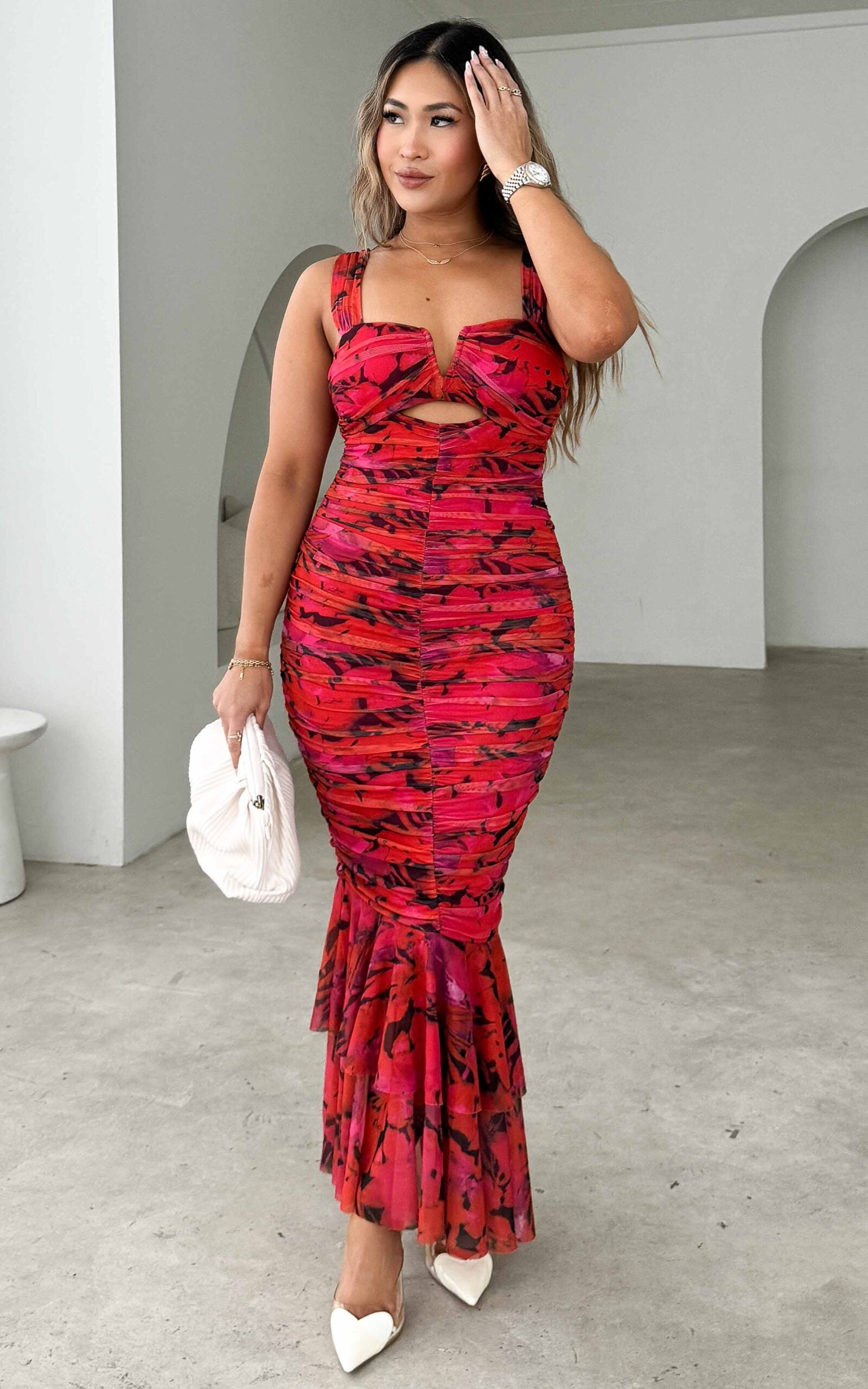 strapless open back dress HIGHLAND V NECK FRONT CUT OUT DETAIL TIERED FRILL FISHTAIL MESH BODYCON  MAXI DRESS