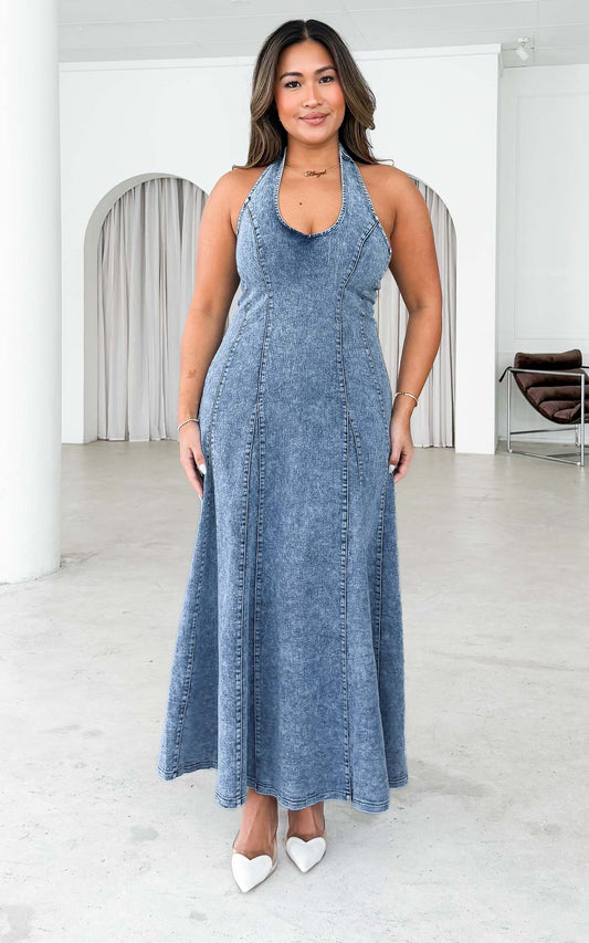 Halston Denim Maxi Dress - Blue