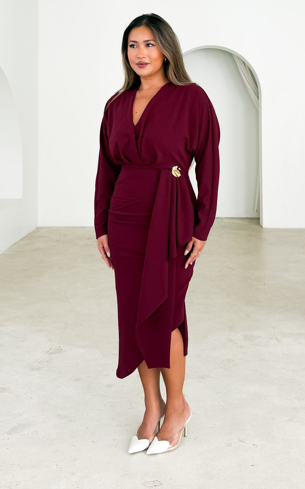 Indra Long Sleeve Midi Dress - Wine