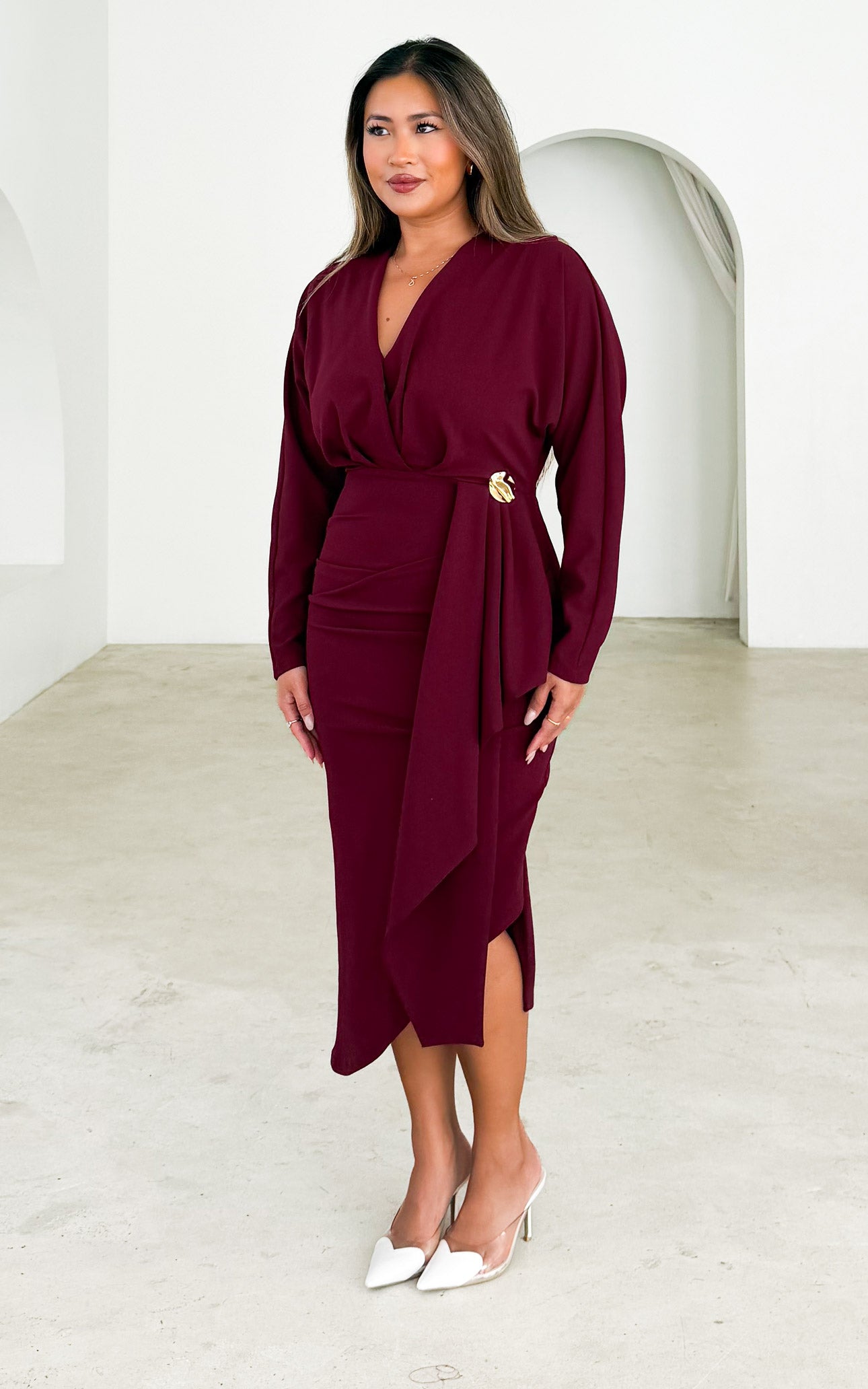 Indra Long Sleeve Midi Dress - Wine