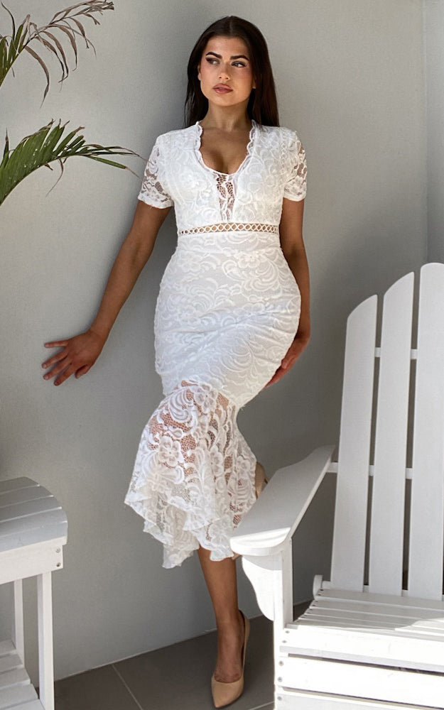 Invitation Lace Midi Dress - White