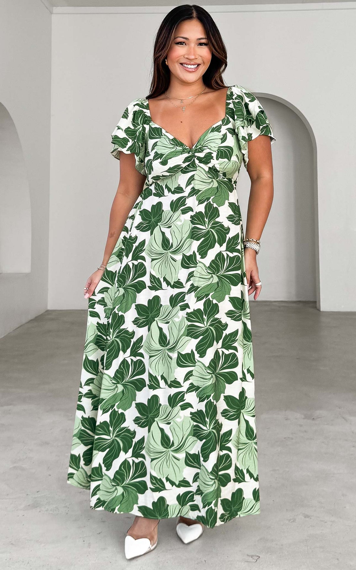 In The Sky Maxi Dress - White Green Leaf