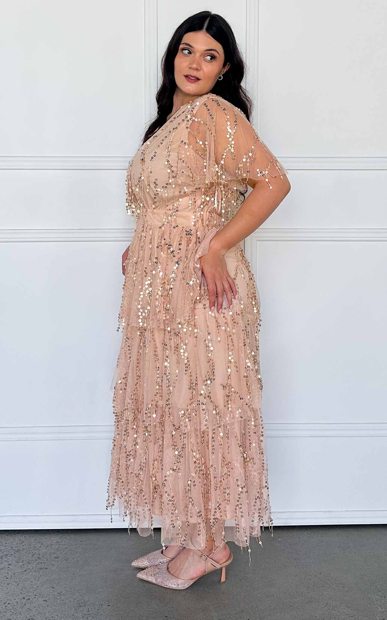 Irisa Sequin Maxi Dress - Beige Gold