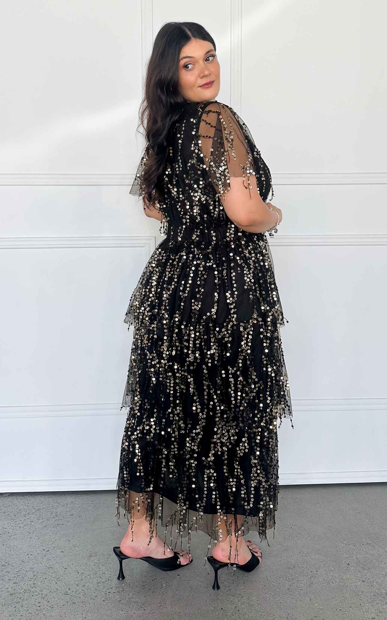 Irisa Sequin Maxi Dress - Black Gold