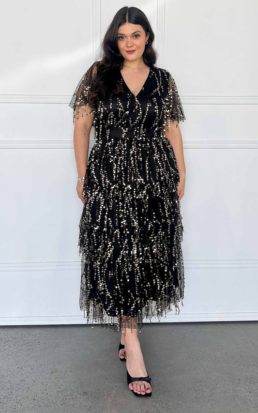 Irisa Sequin Maxi Dress - Black Gold