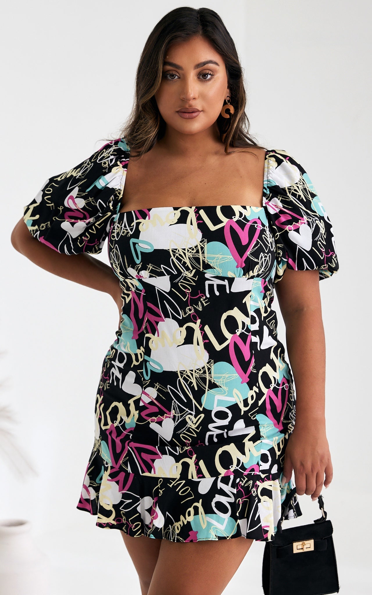 Jazel Mini Dress - Black Love Heart Print