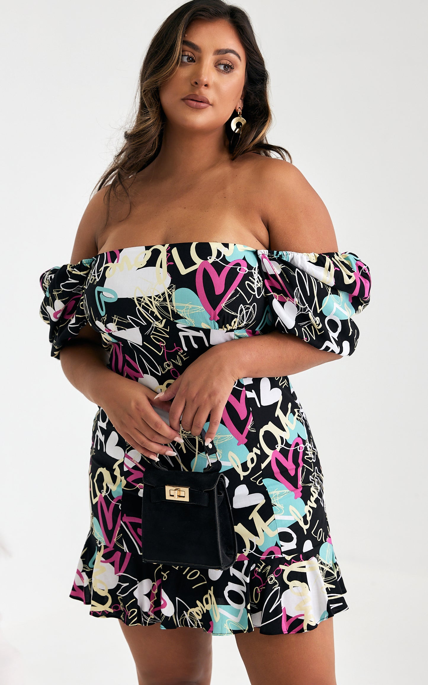 Jazel Mini Dress - Black Love Heart Print