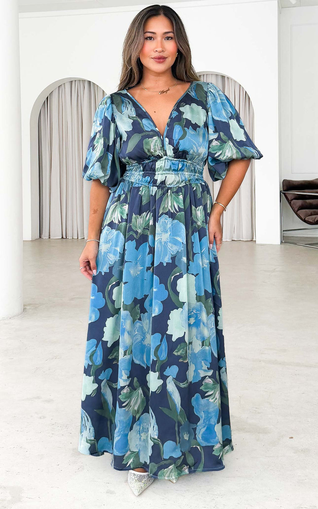 Monique Puff Sleeve Maxi Dress - Navy Blue Floral