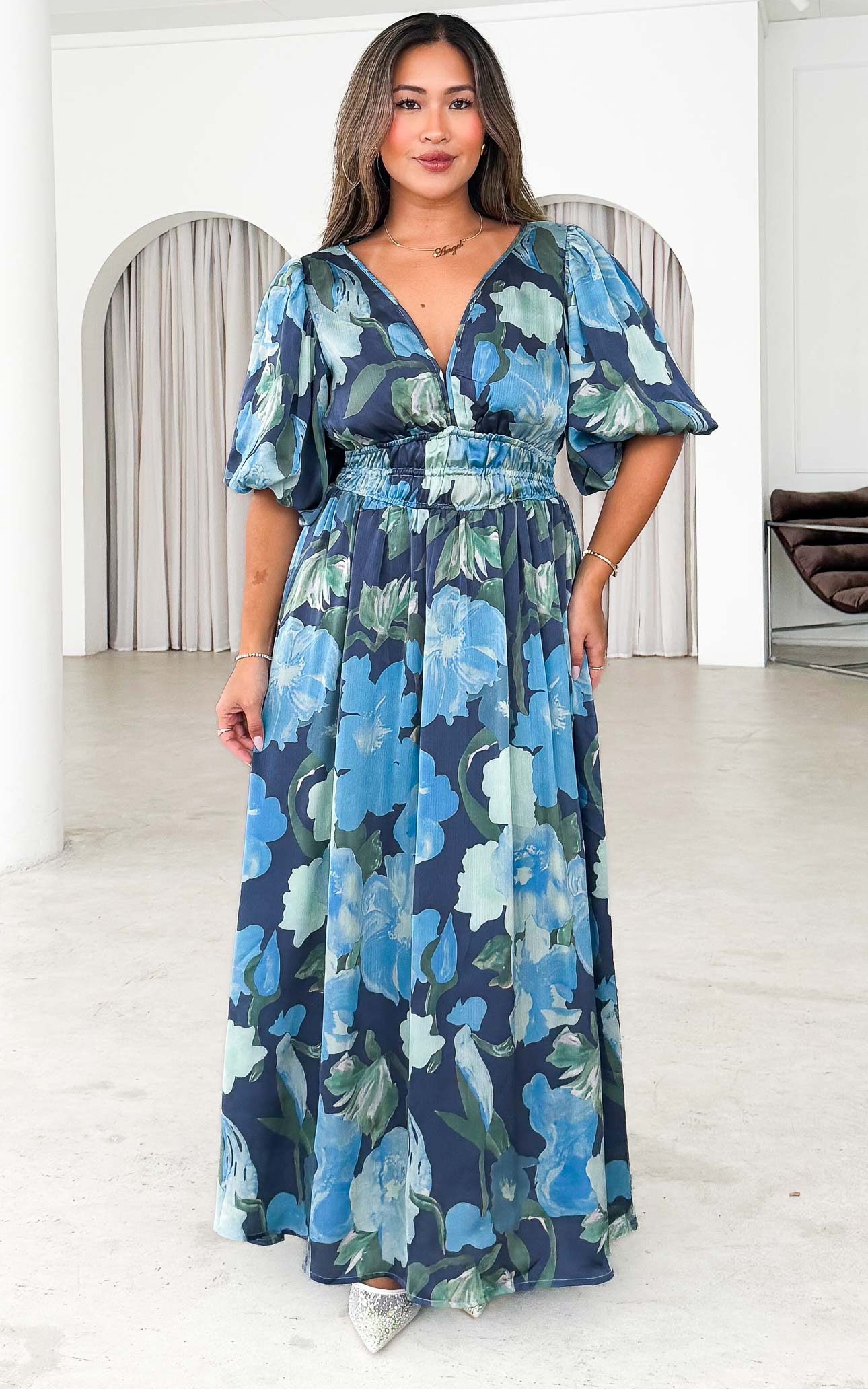 Monique Puff Sleeve Maxi Dress - Navy Blue Floral