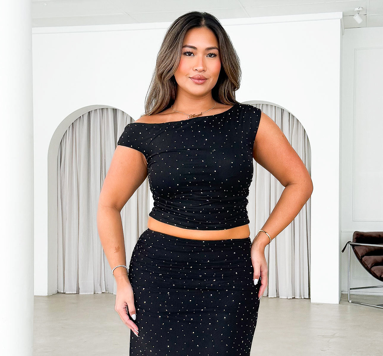 Lennyn Embellished Mesh Crop Top - Black