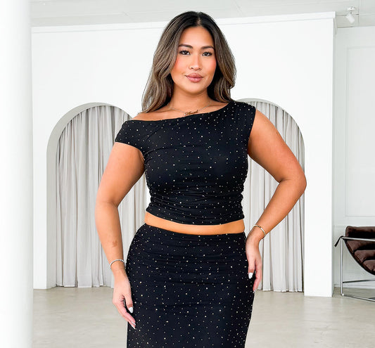 Lennyn Embellished Mesh Crop Top - Black