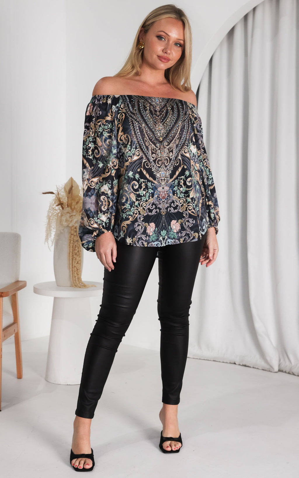 Jessie Gem Embellished Top - Charcoal Black Print
