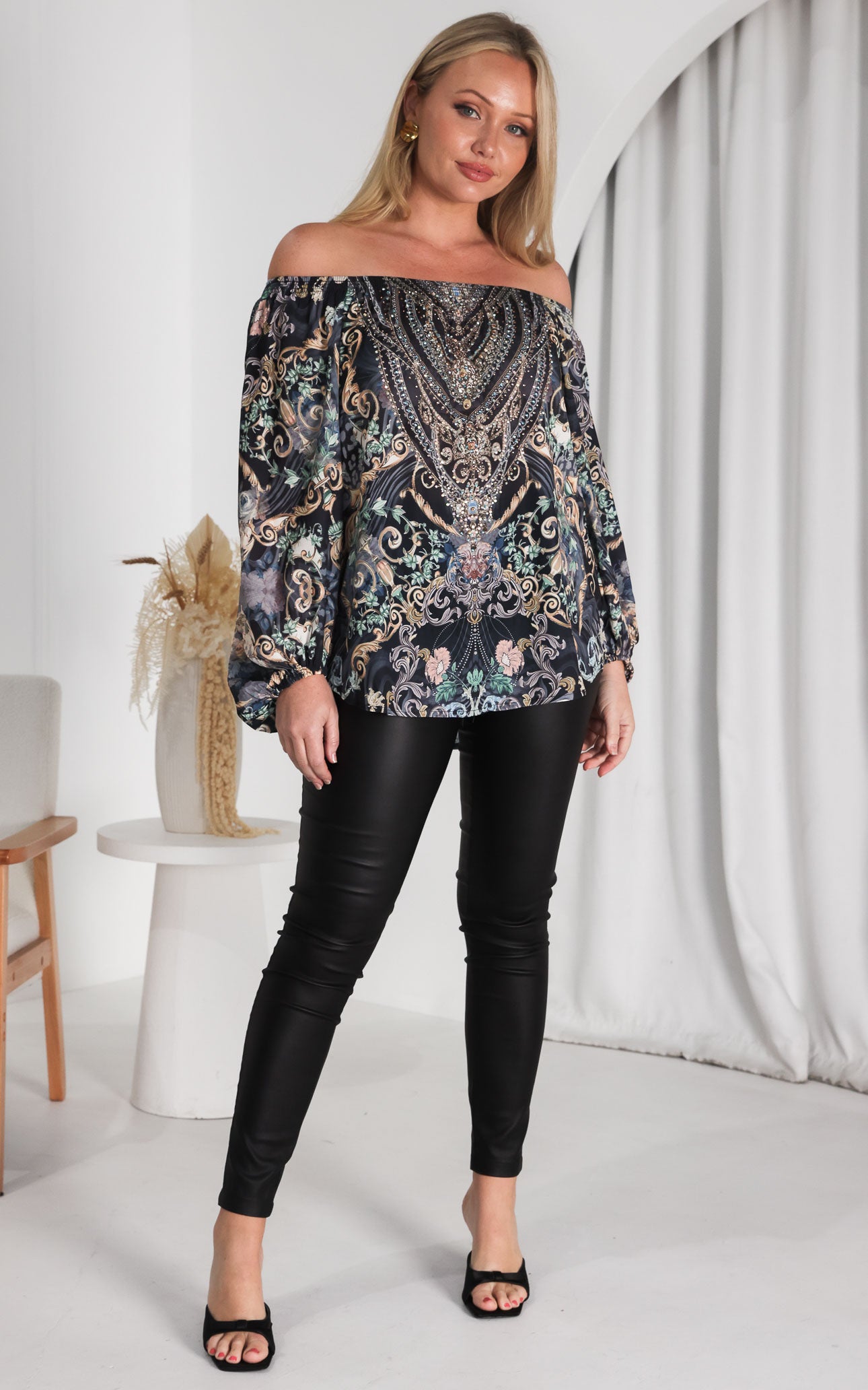 Jessie Gem Embellished Top - Charcoal Black Print