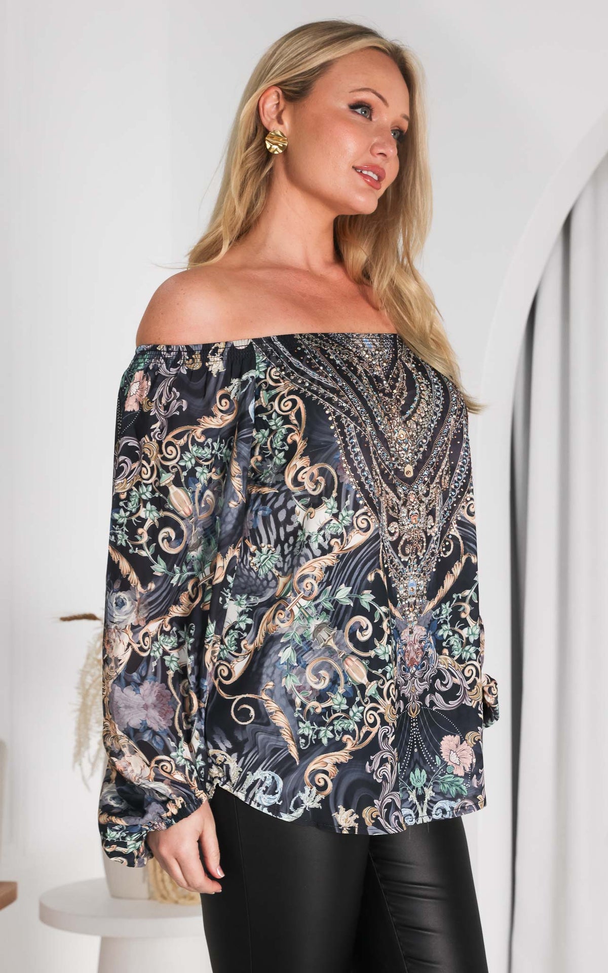 Jessie Gem Embellished Top - Charcoal Black Print