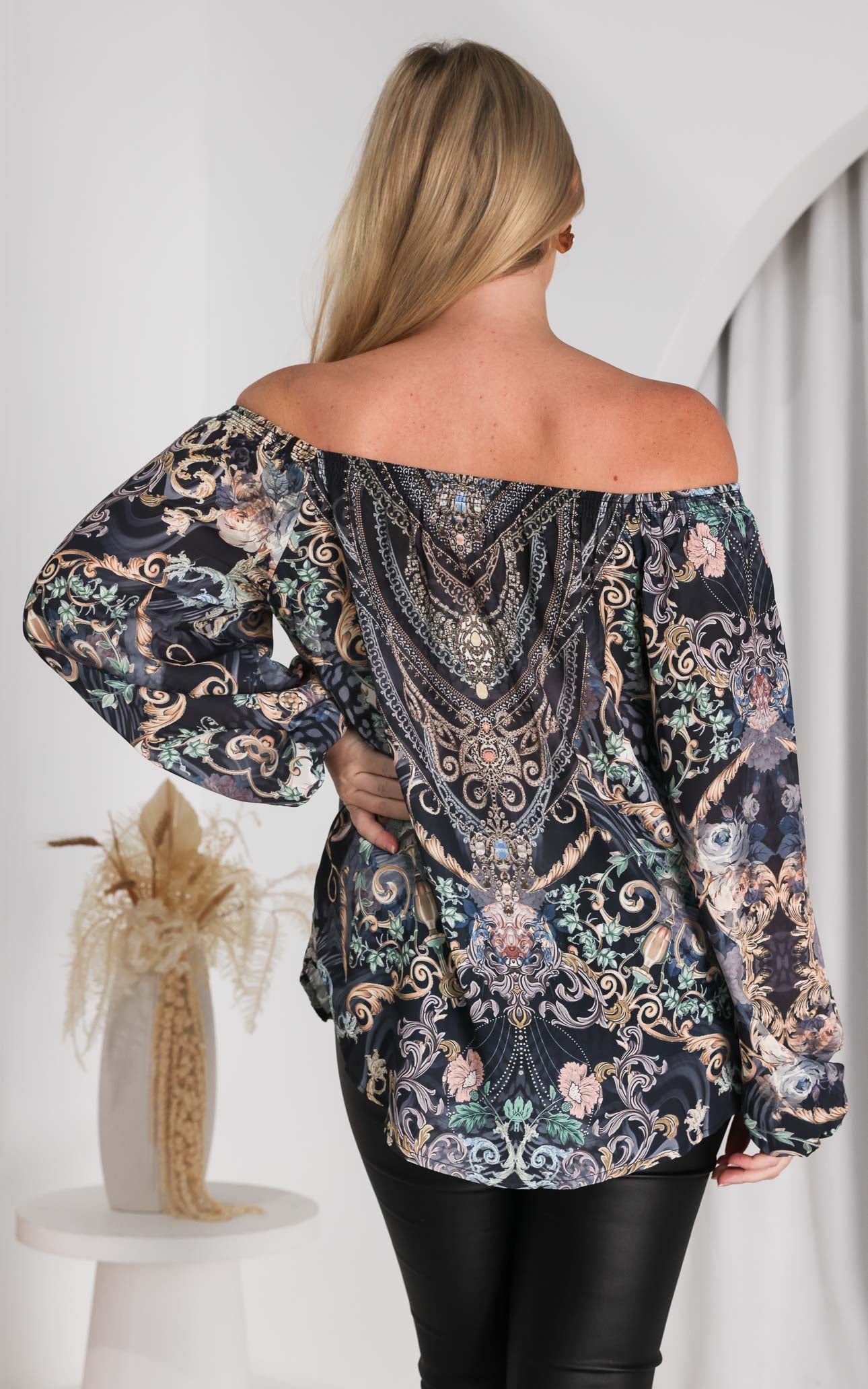 Jessie Gem Embellished Top - Charcoal Black Print