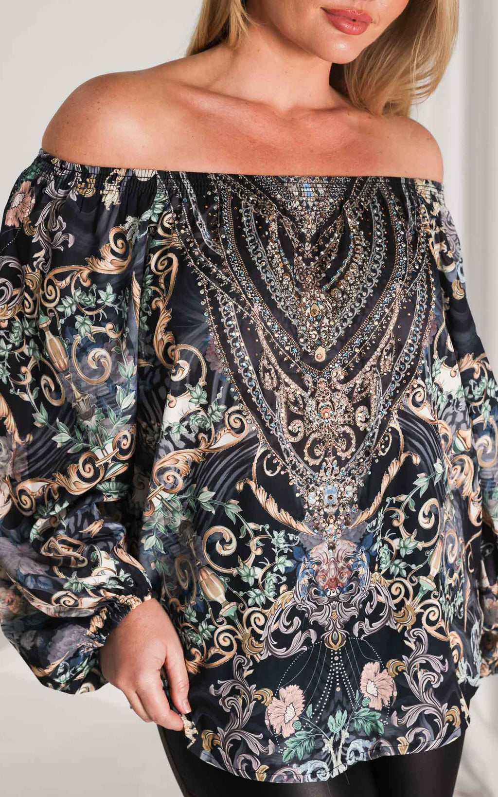 Jessie Gem Embellished Top - Charcoal Black Print