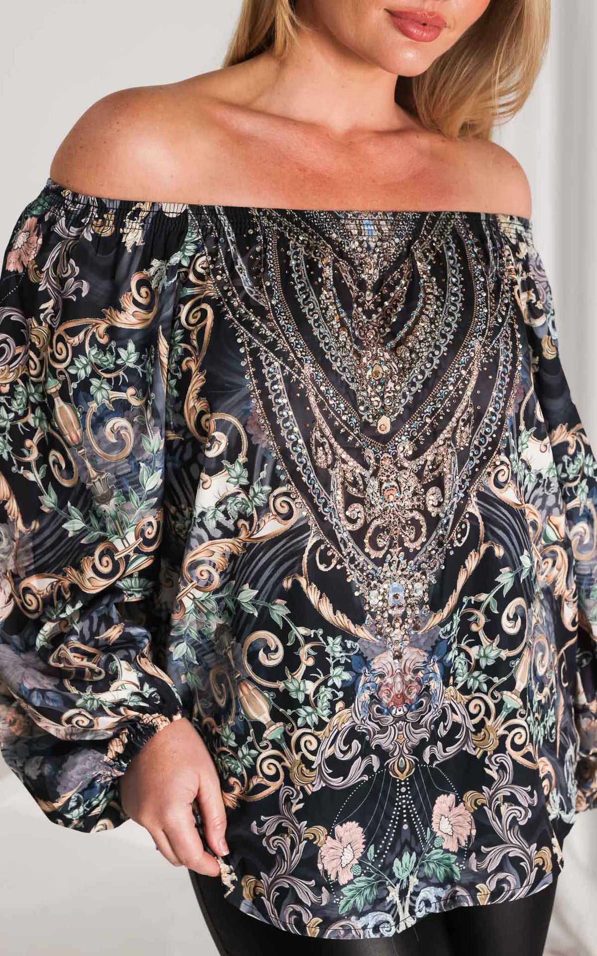 Jessie Gem Embellished Top - Charcoal Black Print
