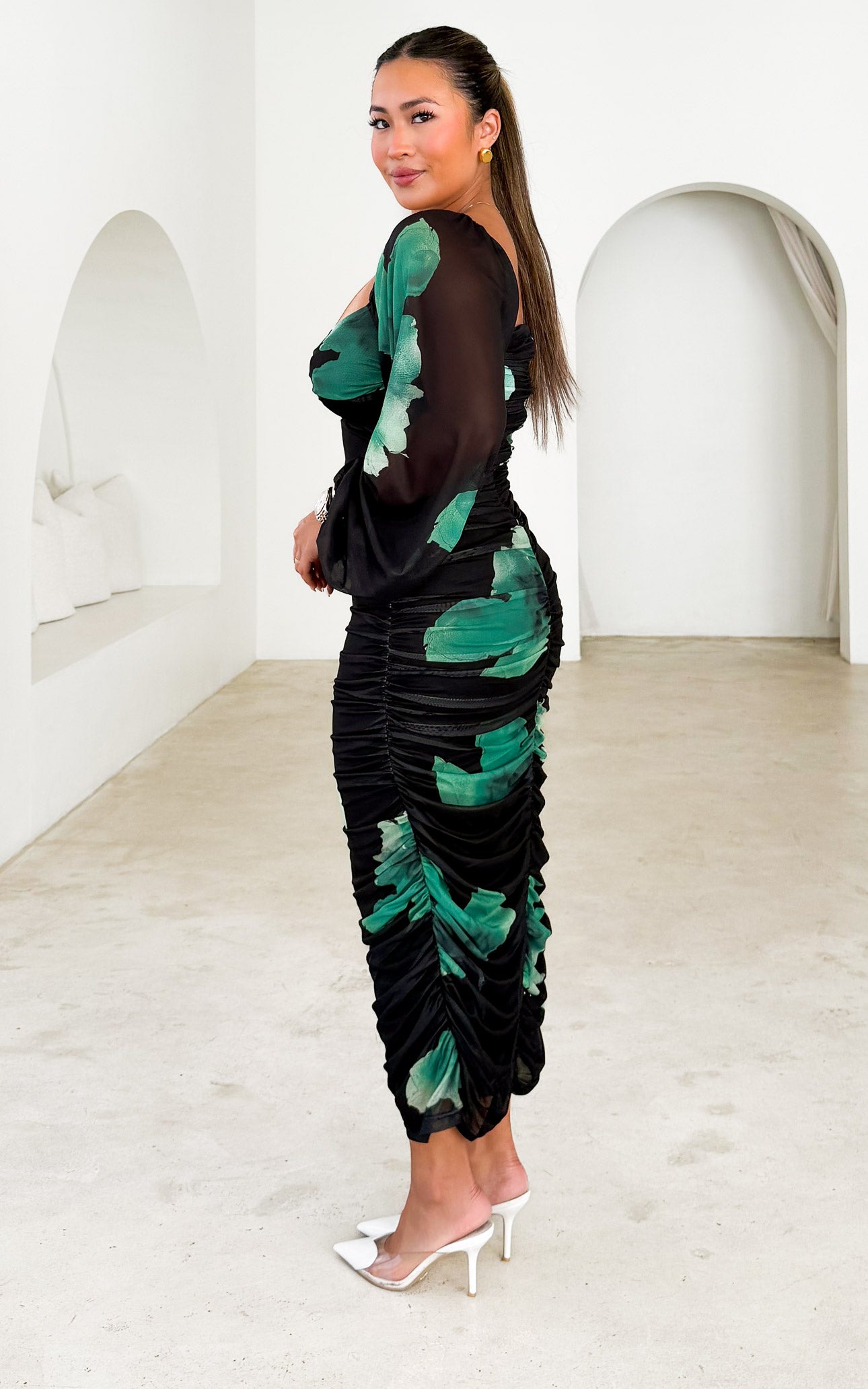Jolie Mesh Midi Dress - Black Green Floral