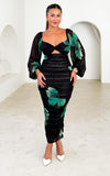Jolie Mesh Midi Dress - Black Green Floral