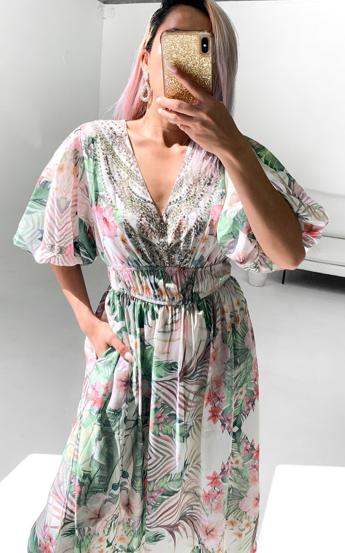 Jordina Gem Embellished Maxi Dress - Tropical Print