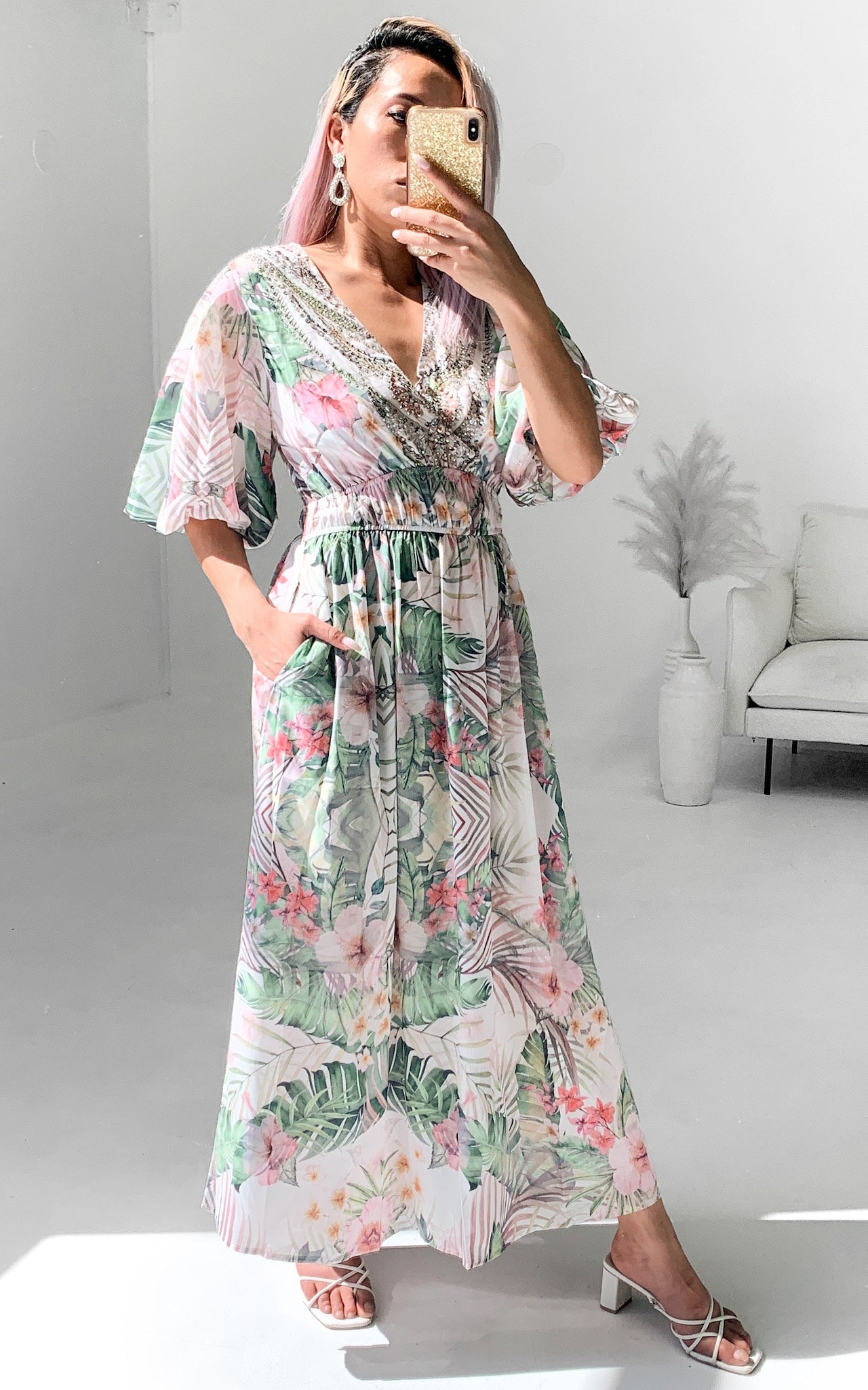 Jordina Gem Embellished Maxi Dress - Tropical Print