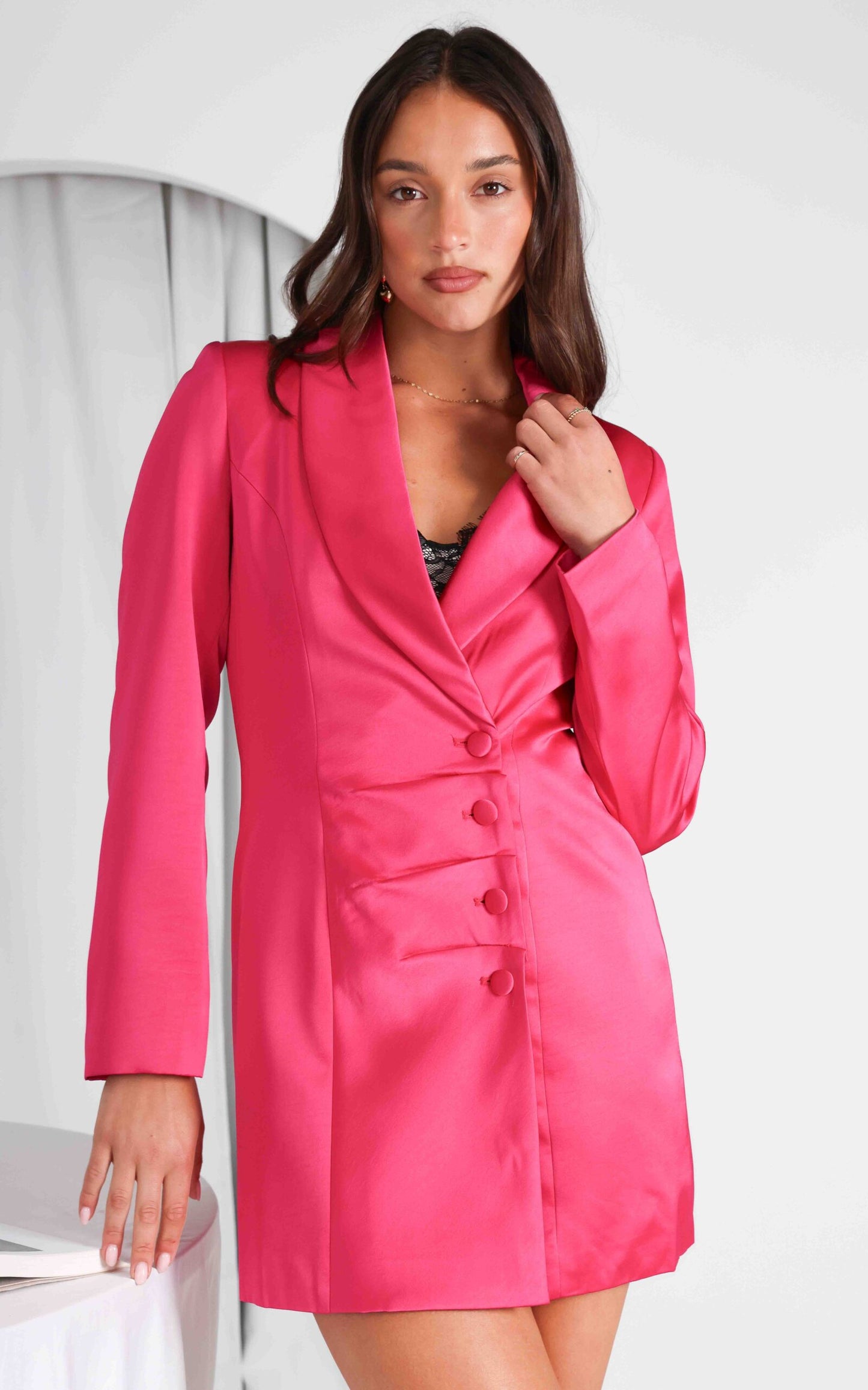 Jude Satin Blazer Mini Dress - Hot Pink