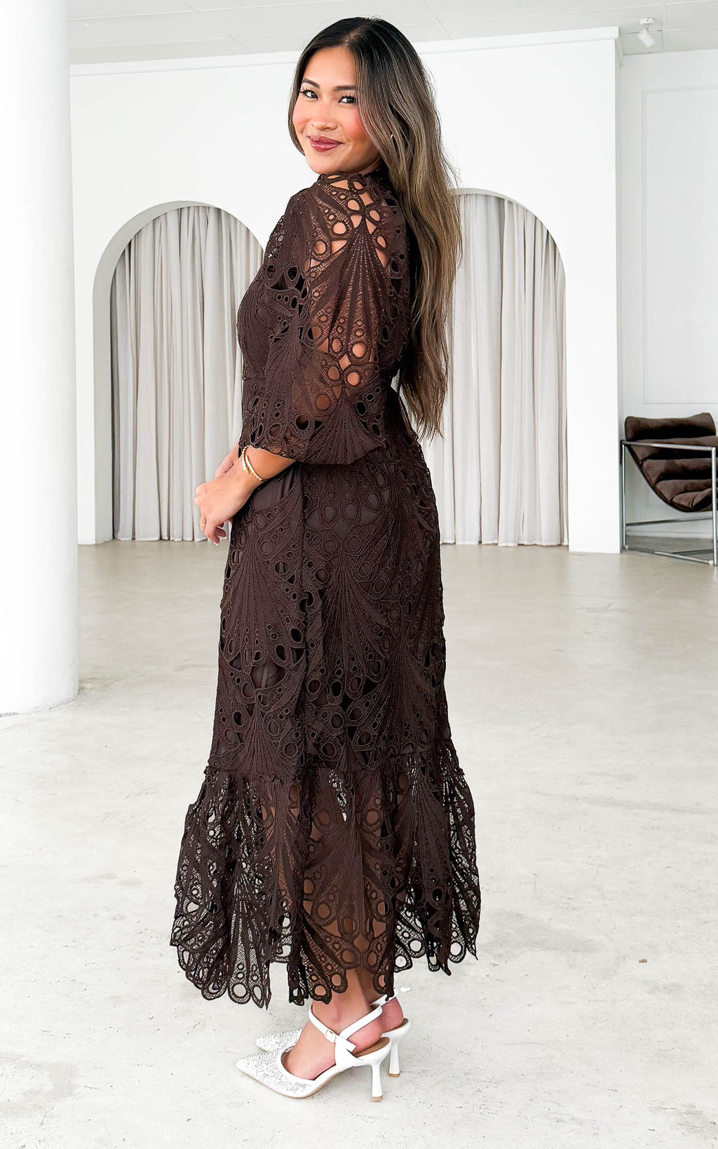 Fayette Lace Midi Dress - Dark Brown