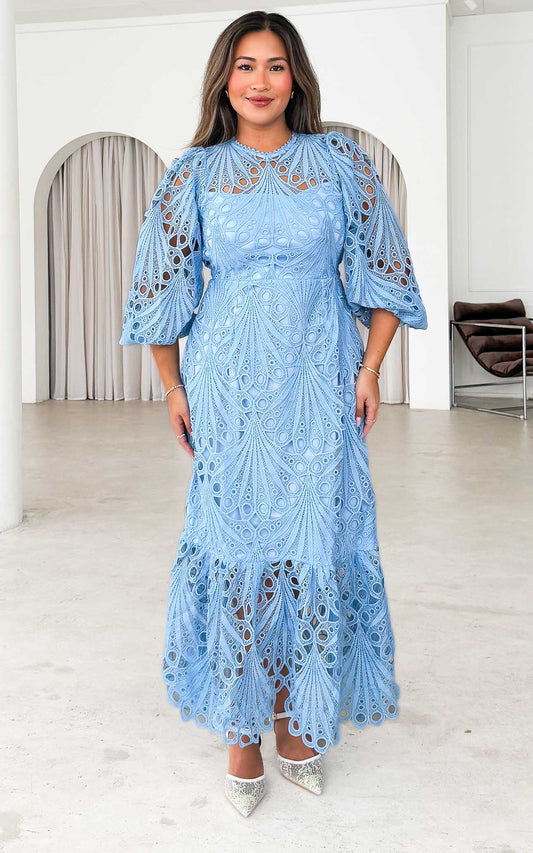 Fayette Lace Midi Dress - Light Blue